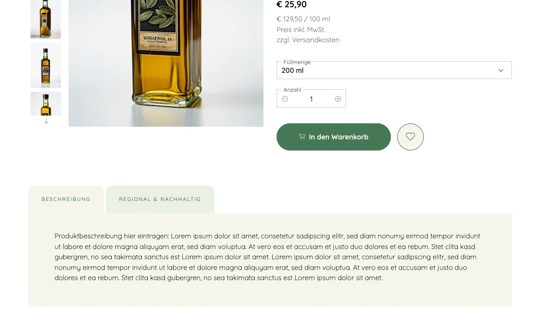 Flasche mit hochwertigem Olivenöl, 200 ml, Preis €25,90, präsentiert auf einem weißen Hintergrund. Das Etikett zeigt eine stilisierte Pflanzenillustration. Ideal für Feinschmecker und gesundheitsbewusste Käufer.