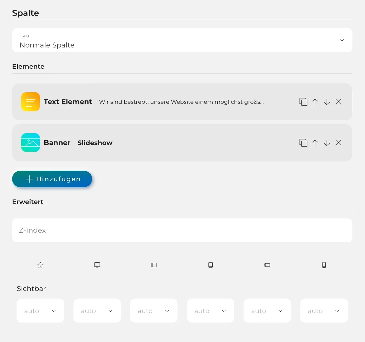 Benutzeroberfläche zur Bearbeitung von Spalten in einem Website-Builder, mit Optionen für Text- und Banner-Elemente sowie erweiterten Einstellungen.