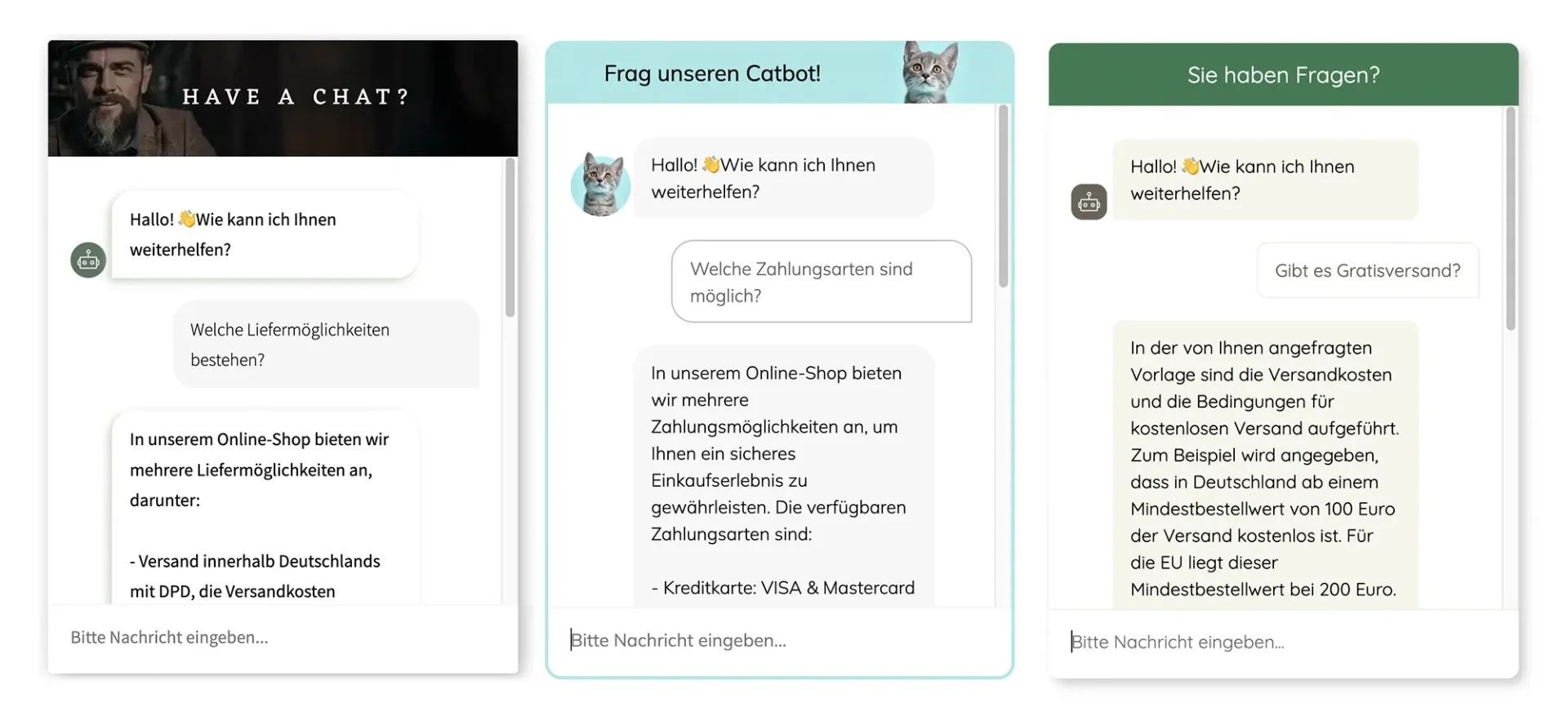 Darstellung von drei verschiedenen Chatbot-Designs