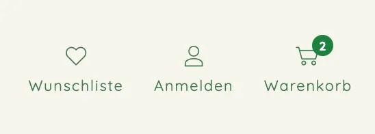 Icons für Wunschliste, Anmelden und Warenkorb mit einer Anzeige von zwei Artikeln im Warenkorb, auf einem hellen Hintergrund.