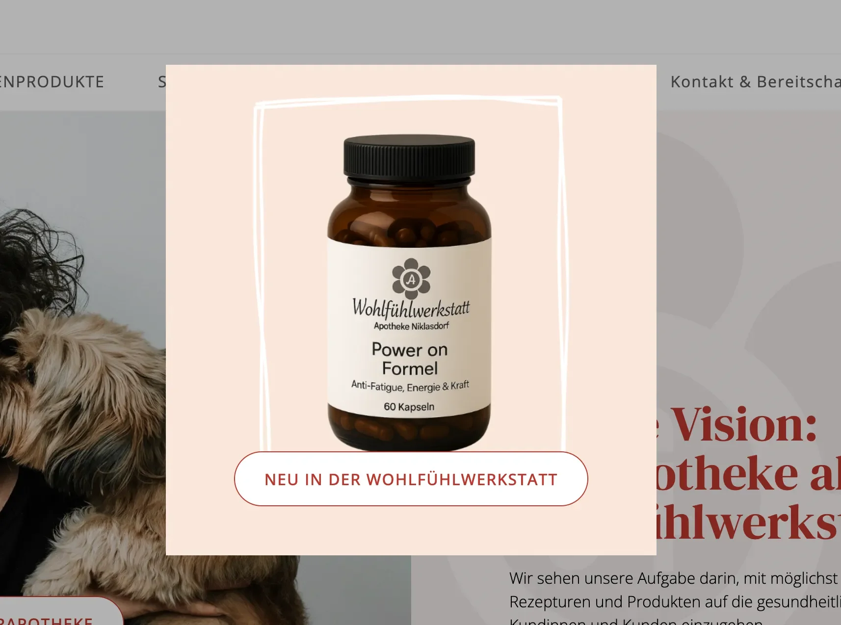 Ein neues Produkt in der Wohlfühlwerkstatt: Power on Formel, ein Nahrungsergänzungsmittel in einer braunen Flasche mit schwarzem Deckel, das Energie und Vitalität unterstützt. Enthält 60 Kapseln.