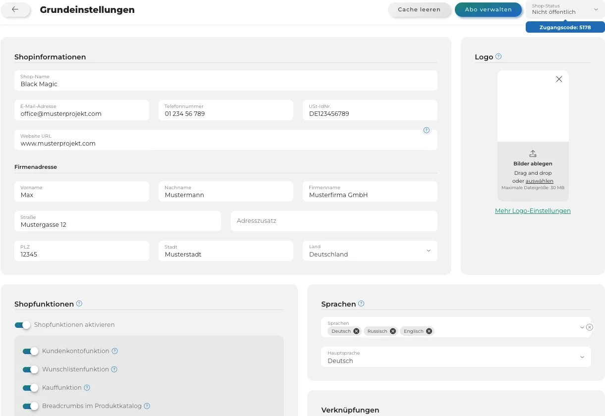 Screenshot der Grundeinstellungen eines Online-Shops, einschließlich Shopinformationen, Kontaktinformationen, Sprachen und Verknüpfungen. Visualisierung der Benutzeroberfläche mit Eingabefeldern für Shopname, E-Mail, Telefonnummer und Logo.