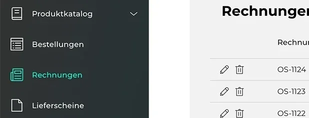 Screenshot einer Benutzeroberfläche mit einem Menü auf der linken Seite, das Optionen wie Produktkatalog, Bestellungen, Rechnungen (hervorgehoben) und Lieferscheine zeigt. Auf der rechten Seite sind Rechnungen aufgelistet mit den Nummern OS-1124, OS-1123 und OS-1122, jeweils mit Editier- und Löschsymbolen.