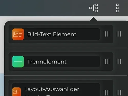 Screenshot einer Benutzeroberfläche mit drei Elementen: Bild-Text Element, Trennelement und Layout-Auswahl der Inhalte. Die Elemente sind in einer grafischen Benutzeroberfläche angeordnet.