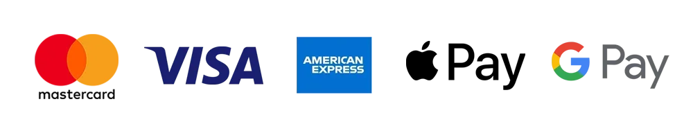 Zahlungsoptionen: Mastercard, Visa, American Express und Google Pay Logos auf weißem Hintergrund.