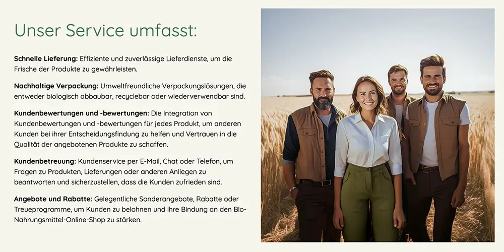 Eine Gruppe von vier Personen steht in einem Feld, umgeben von Natur. Der Text beschreibt den Kundenservice eines Unternehmens, der schnelle Lieferung, nachhaltige Verpackung, Kundenbewertungen und -bewertungen, Kundenbetreuung sowie Angebote und Rabatte umfasst.