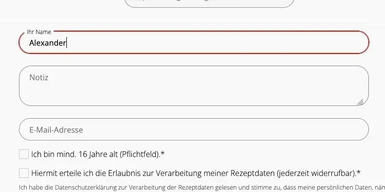 Rot umrandeter Fokus auf ein Formularfeld