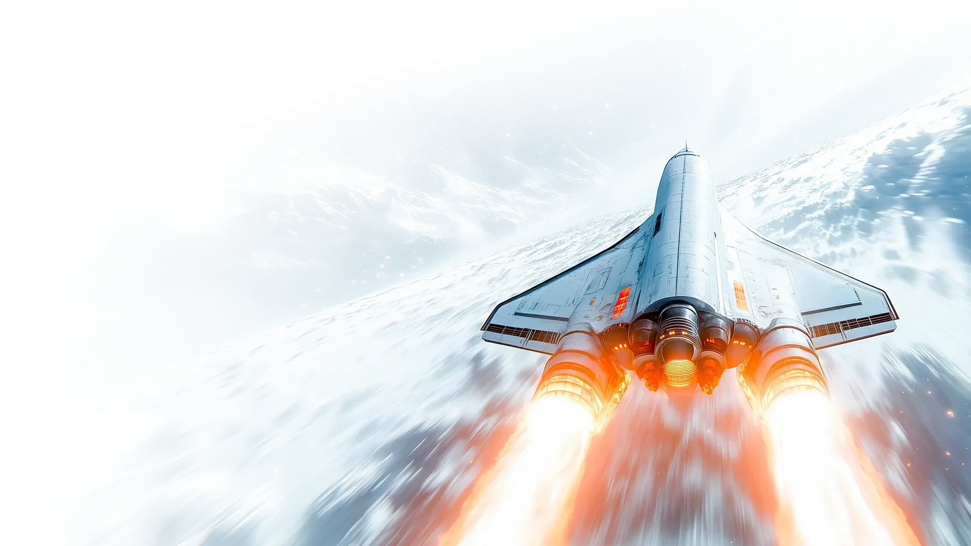 Ein Raumfahrzeug startet mit leuchtenden Triebwerken in einer futuristischen Umgebung, umgeben von einer dynamischen Darstellung des Weltraums.