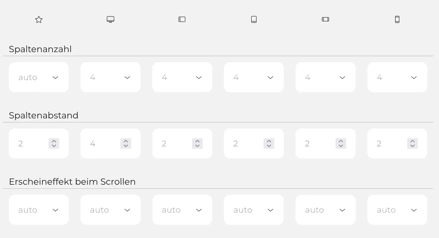 Einstellungen zur Spaltenanzahl, Spaltenabstand und Erscheinungseffekt beim Scrollen in einem benutzerfreundlichen Interface.