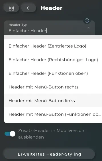 Screenshot eines Header-Auswahlmenüs mit verschiedenen Header-Typen für eine Webseite, darunter einfacher Header, Header mit Menü-Button links und rechts, sowie Optionen für das Ausblenden eines Zusatz-Headers in der Mobilversion.