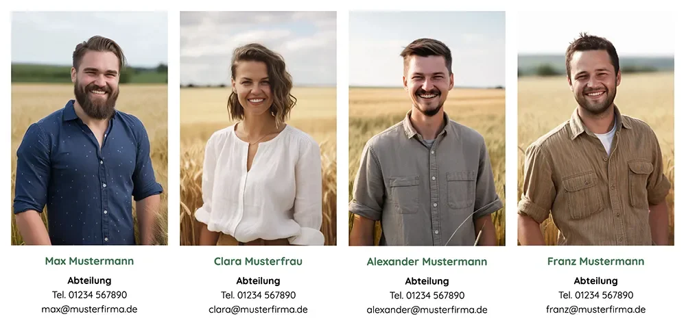 Vier Porträts von Personen in einem Feld. Max Mustermann mit Bart trägt ein blaues Hemd, Clara Mustermann mit lockigem Haar trägt ein weißes Oberteil, Alexander Mustermann in einem grauen Hemd und Franz Mustermann mit kurzer Frisur und beigem Hemd. Alle Personen stehen lächelnd vor einer ländlichen Kulisse.