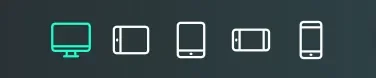 Symbole für verschiedene Bildschirmgrößen: Desktop, Tablet im Hoch- und Querformat sowie Smartphone, dargestellt in minimalistischer Grafik.
