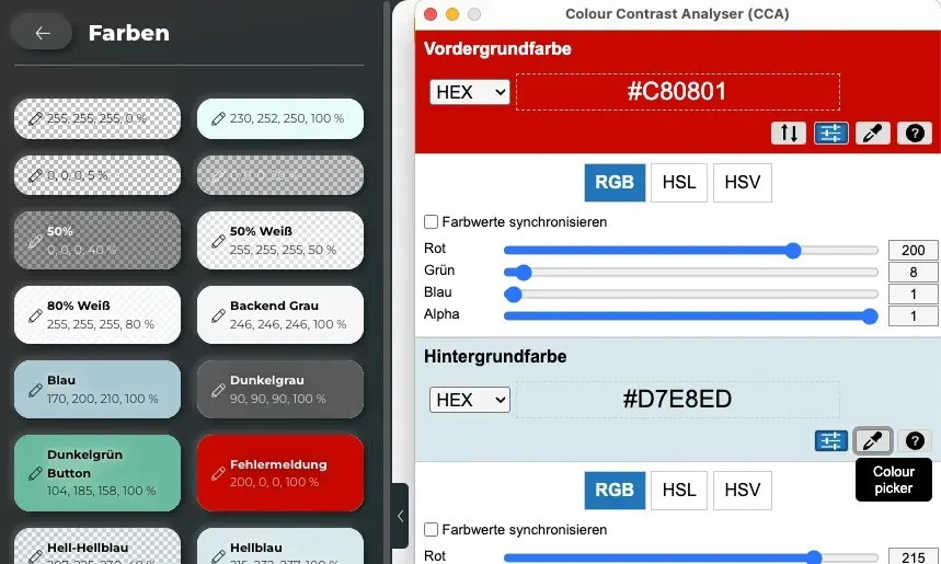 Screenshot eines Farbkontrast-Analysetools, das die Vordergrundfarbe #C80801 und die Hintergrundfarbe #D7E8ED zeigt, mit Optionen zur Farbsynchronisation in RGB, HSL und HSV. Die Benutzeroberfläche enthält eine Farbpalette mit verschiedenen Farbtönen und deren RGB-Werten.