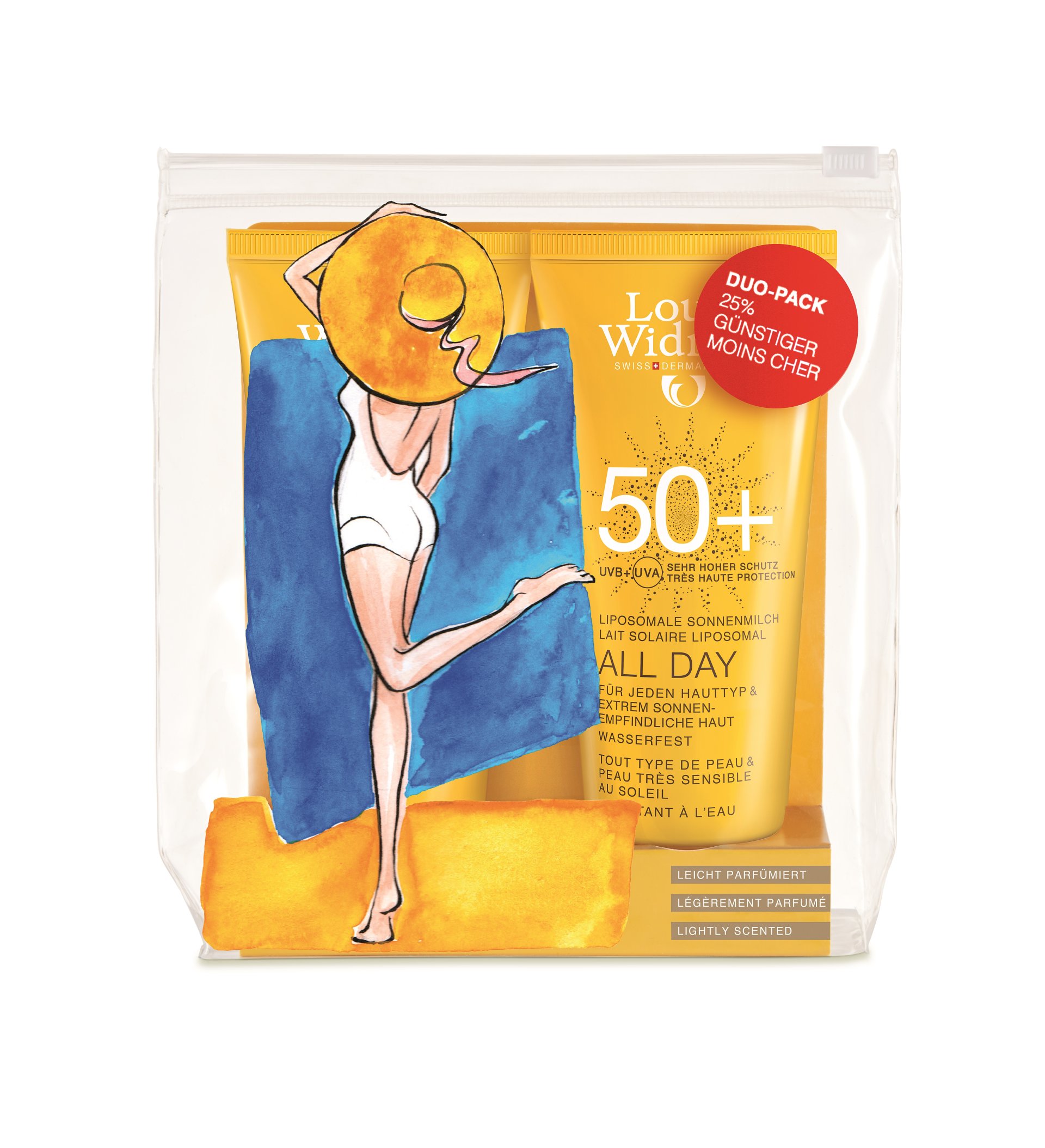 Duo-Pack Sonnenschutzcreme Labo der Marke Louise W. mit zwei Gelben Tube und einer Illustration einer Person mit Sonnenhut.