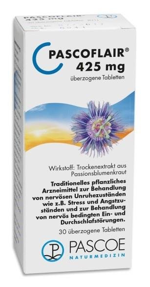Pascoflair 425 mg, 30 überzogene Tabletten, mit Passionsblumenextrakt zur Behandlung von Stress und Angstzuständen.