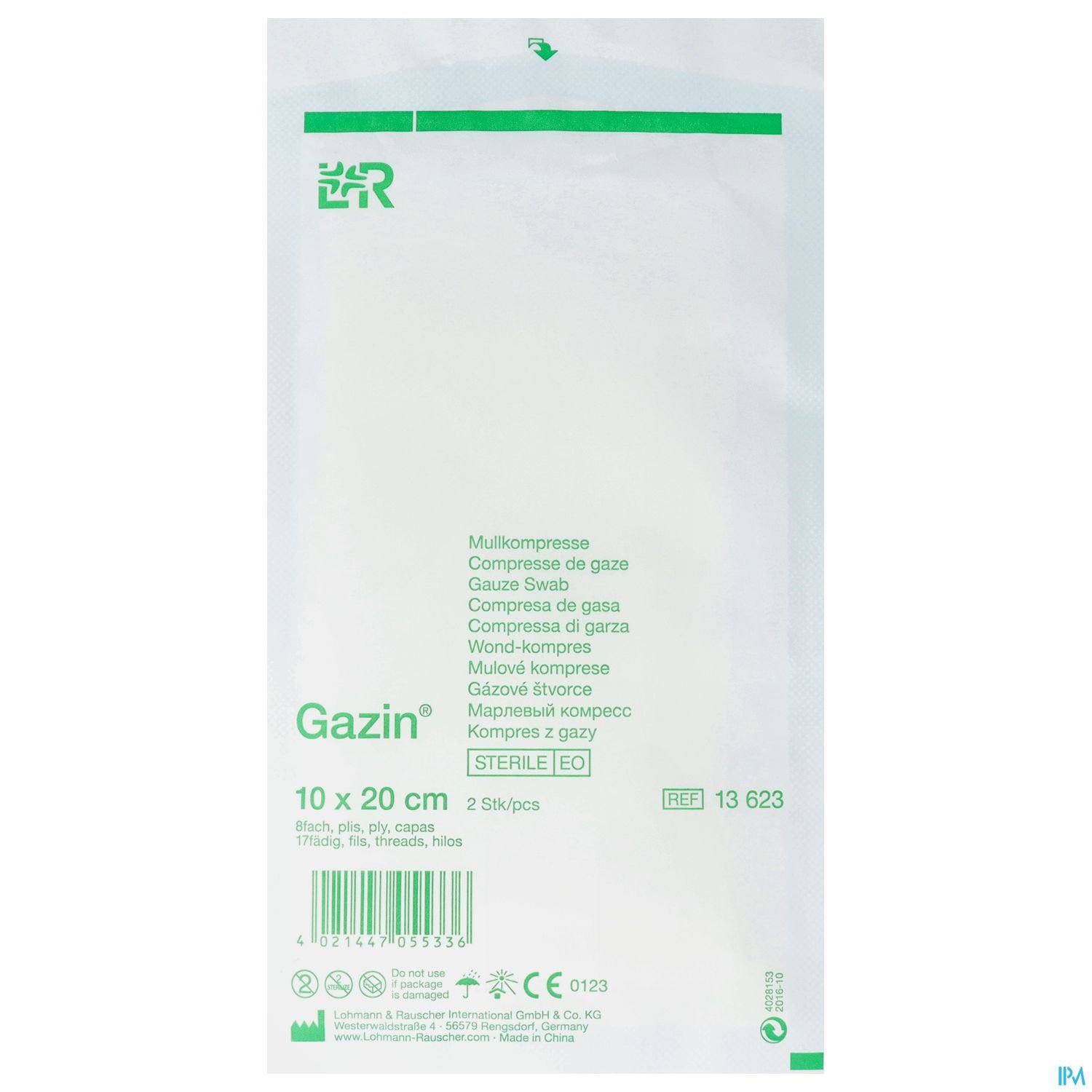 Packung mit Mulitkompressen aus Gaze, Größe 10 x 20 cm, steril verpackt.