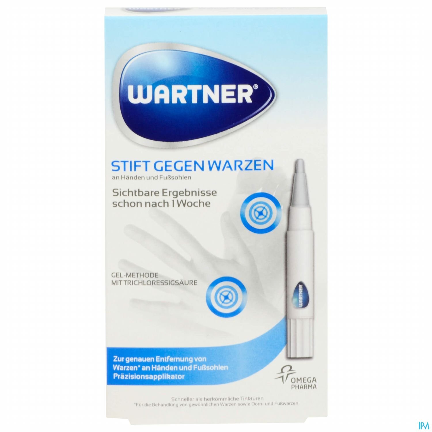 Verpackung eines Warzenstifts von Wartner mit Anwendungshinweisen und Darstellungen des Produkts.