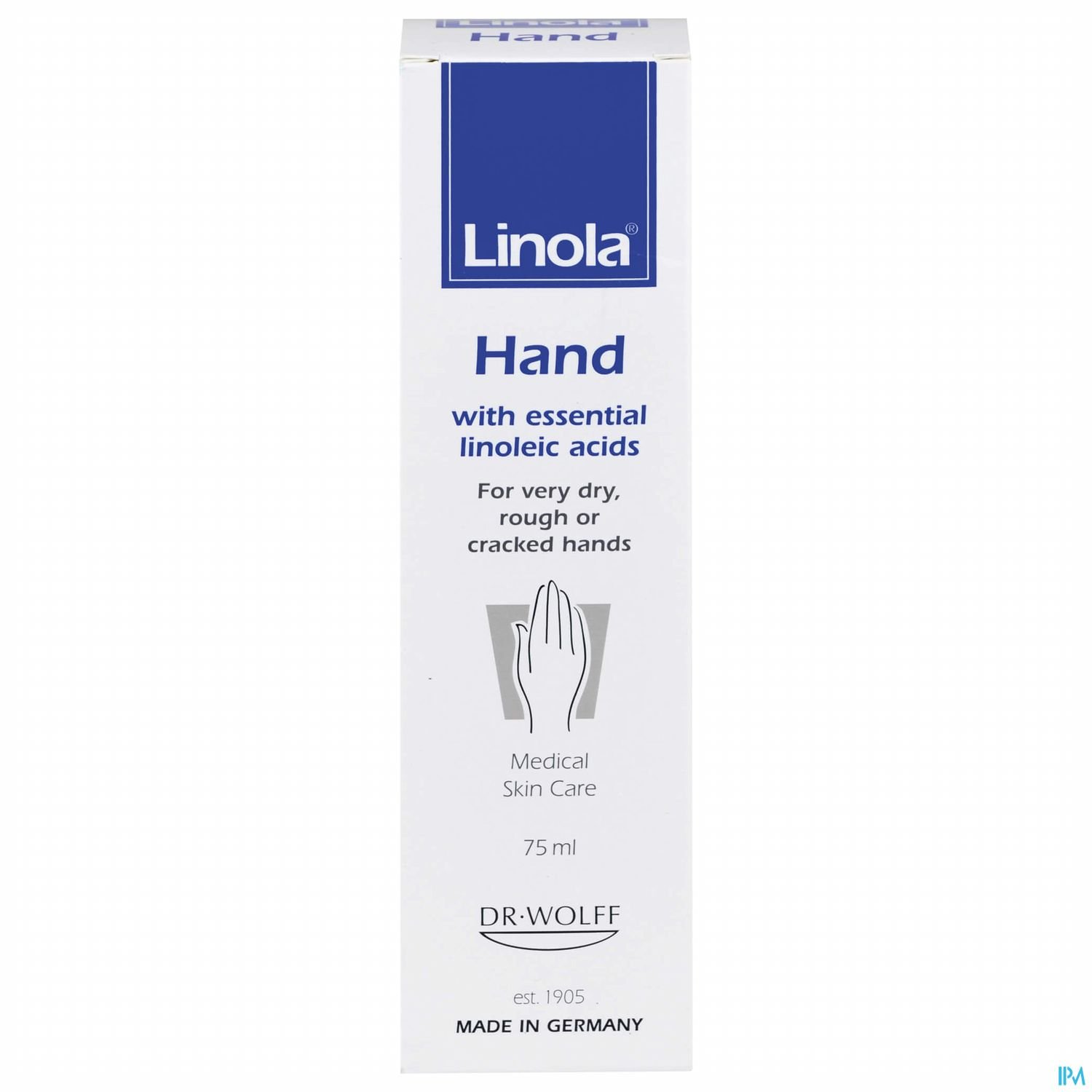 Bild einer handcreme mit der Aufschrift "Linola Hand" und Hinweisen zu den Inhaltsstoffen und der Anwendung.