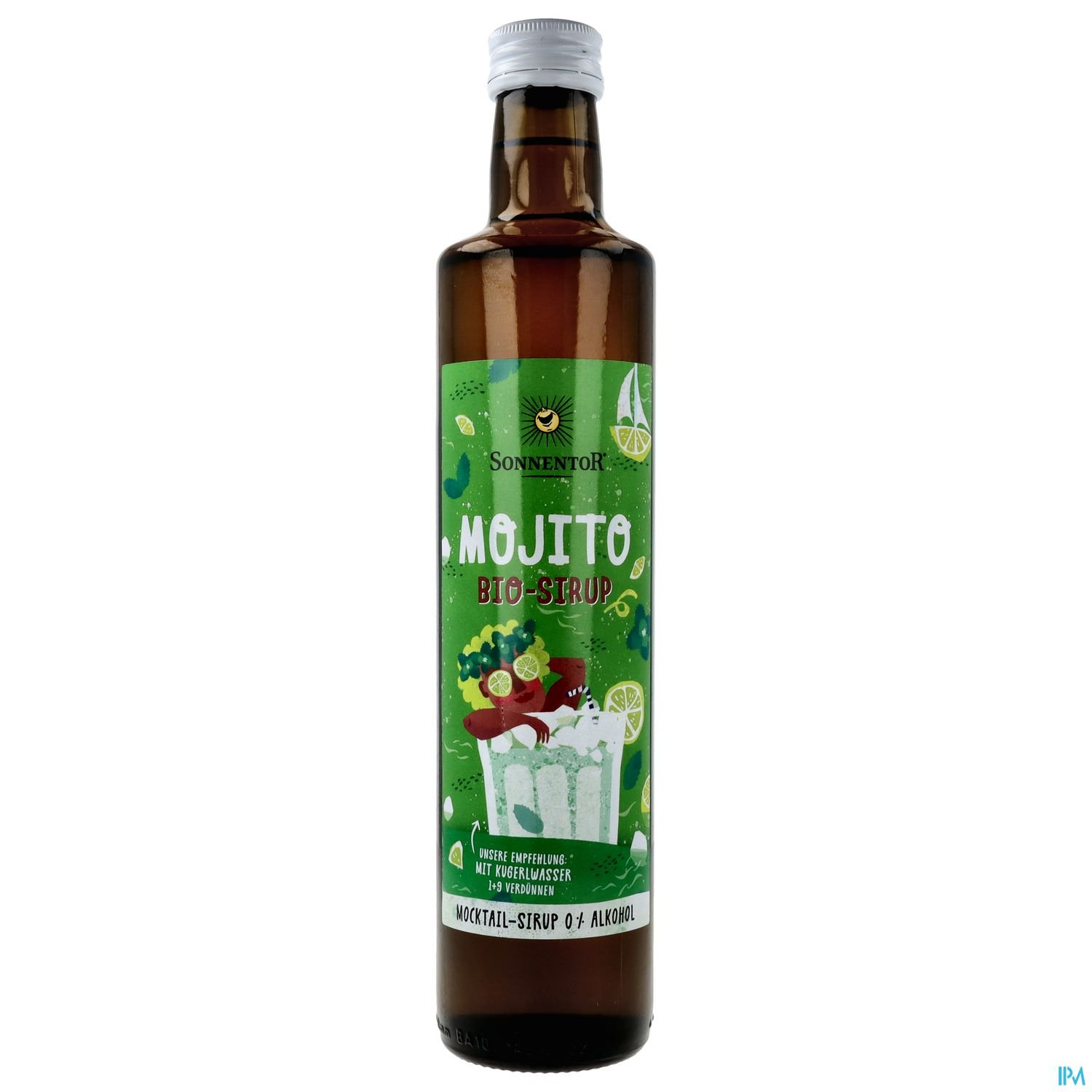 Flasche Mojito Bio-Sirup mit grüner Etikettierung und Abbildung von Mojito-Zutaten.