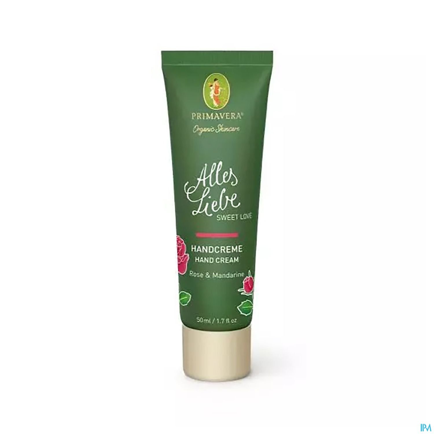 Handcreme mit Rosen- und Mandarinen-Duft in einer grünen Tube mit dem Aufdruck "Alles Liebe - Sweet Love".