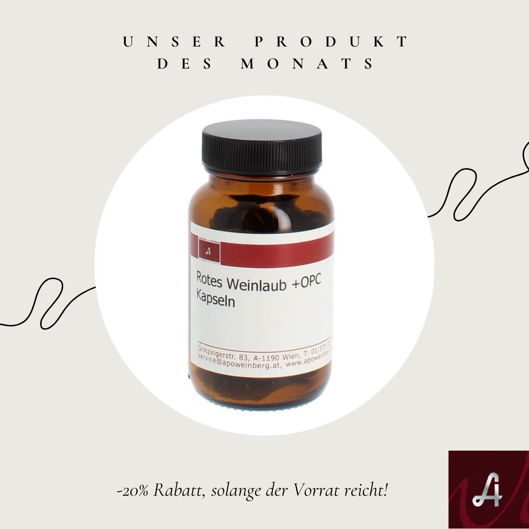 Braune Kapsel-Flasche mit rotem Etikett, die Rotes Weinlaub und OPC enthält, beworben als Produkt des Monats mit 20% Rabatt, solange der Vorrat reicht.