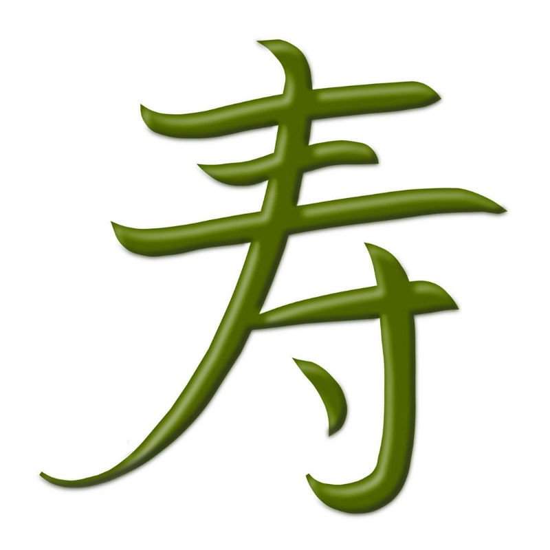 Das chinesische Zeichen für "Langlebigkeit" in einer grünen, stilisierten Schriftart.