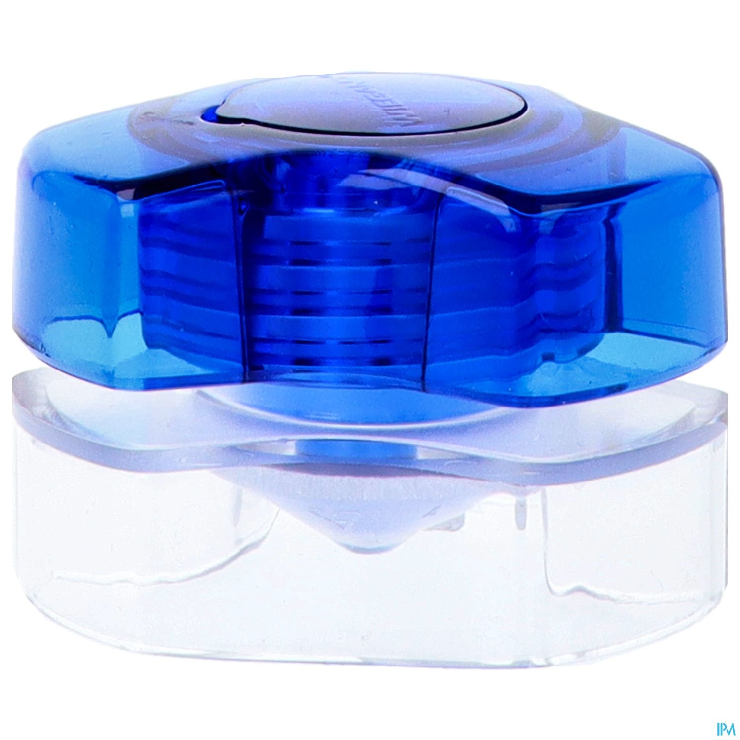 Ein blauer und transparenter Kunststoffbehälter mit runder Form.