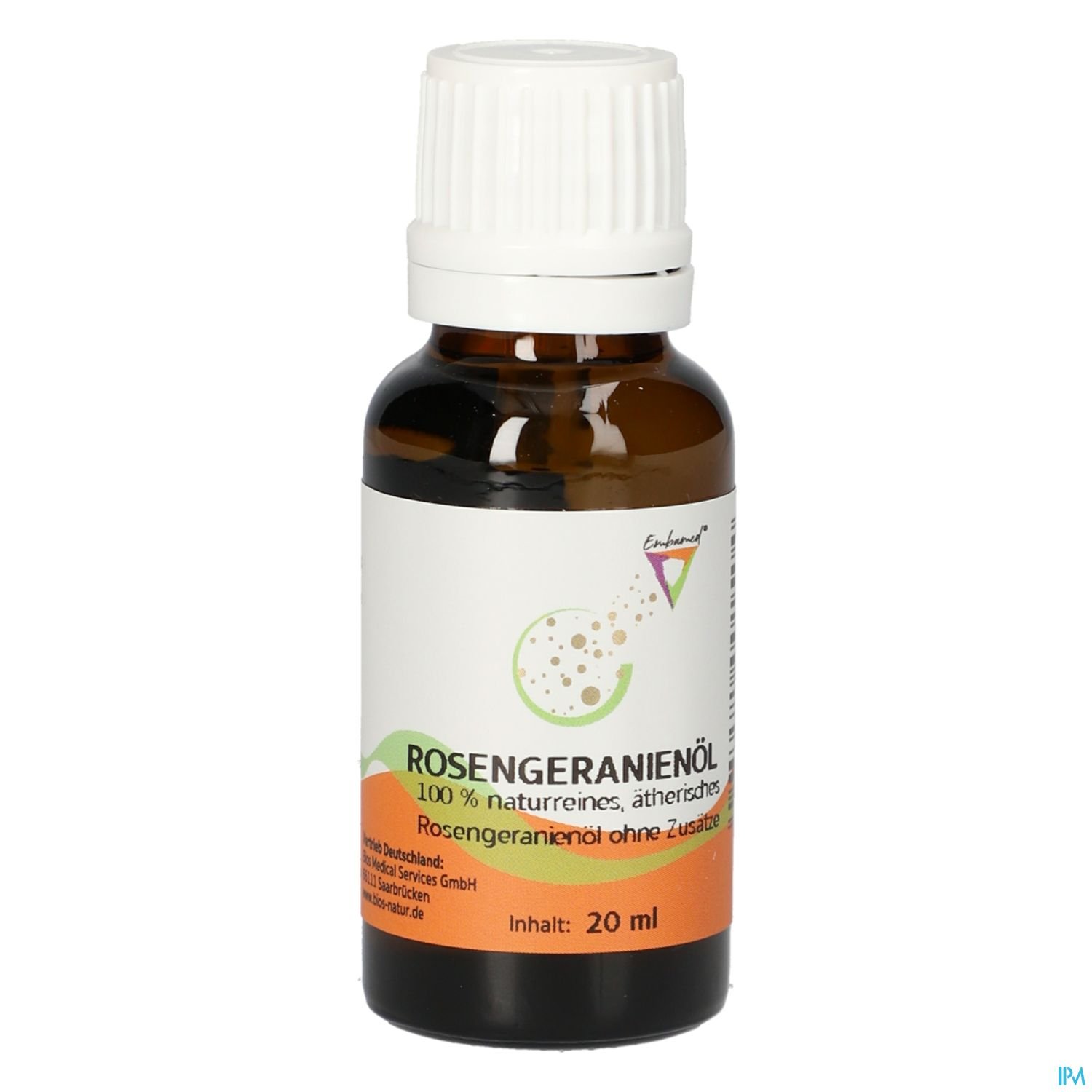 Flasche mit Rosengeranienöl, 20 ml, etikettiert als 100 % reines, ätherisches Öl ohne Zusätze.