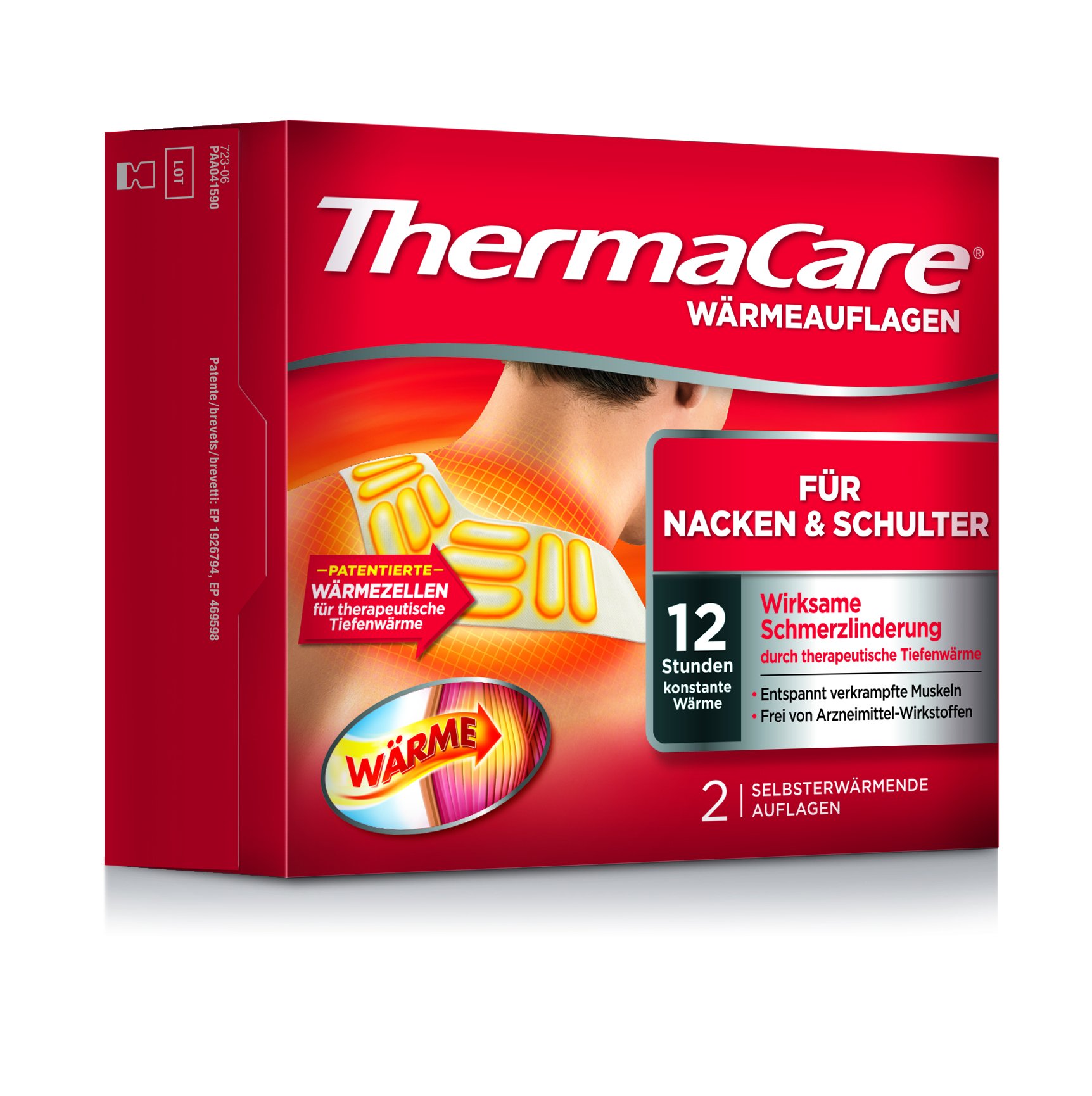 ThermaCare Wärmauflegen für Nacken und Schulter, Packung mit 2 selbstwärmenden Auflagen, wirksame Schmerzlinderung durch 12 Stunden konstante Wärme.