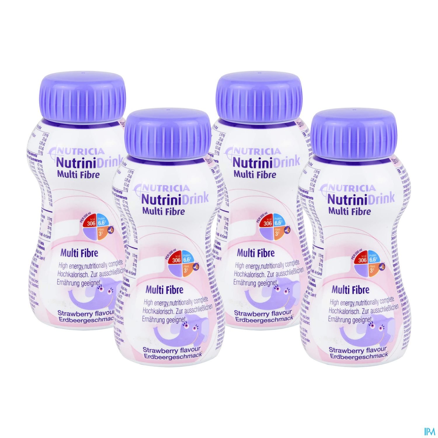 Vier Flaschen NutrinDrink Multi Fibre mit Erdbeergeschmack.