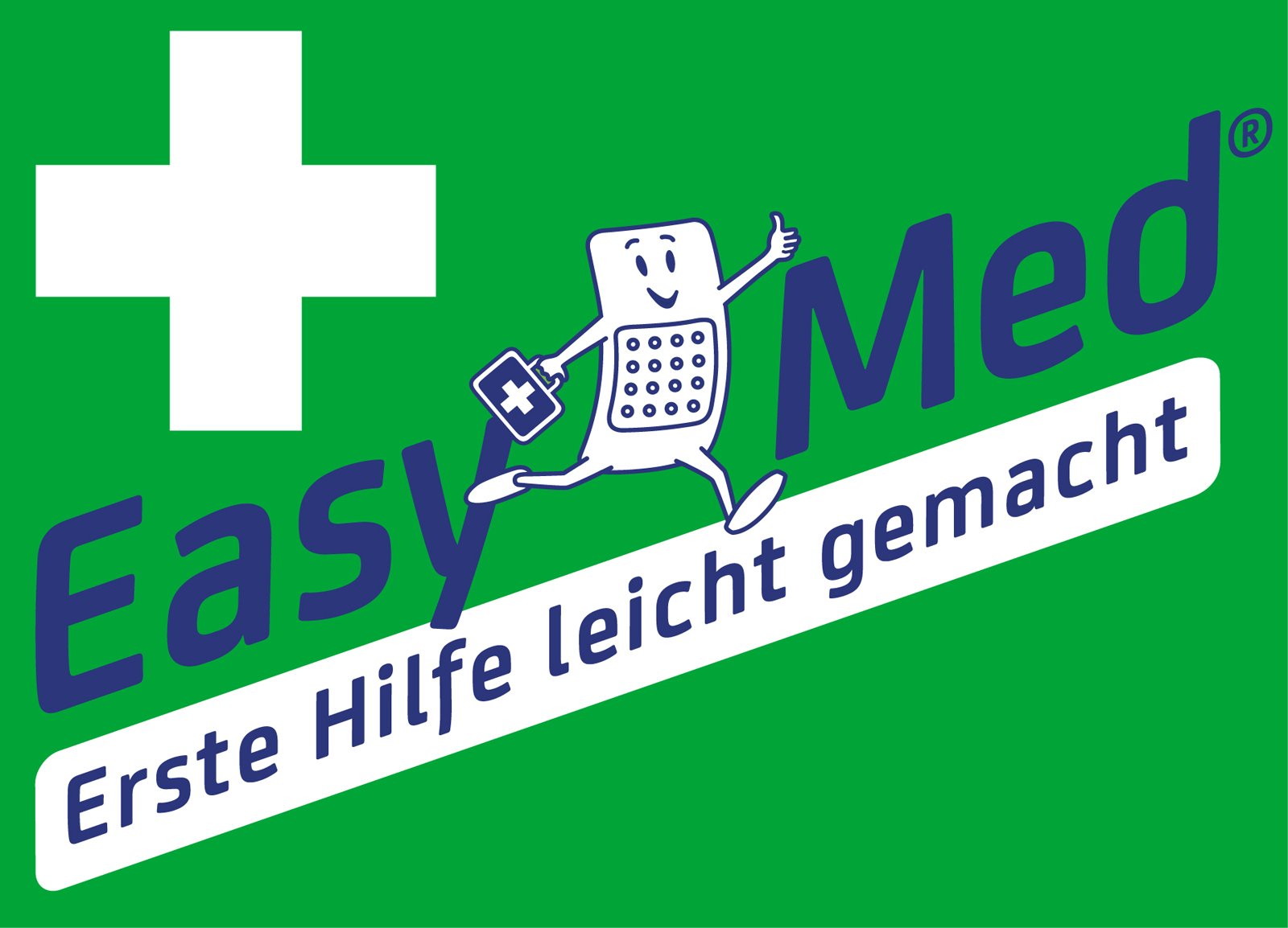 Logo von EasyMed mit dem Slogan "Erste Hilfe leicht gemacht" und einer Cartoon-Figur, die eine Erste-Hilfe-Tasche hält.