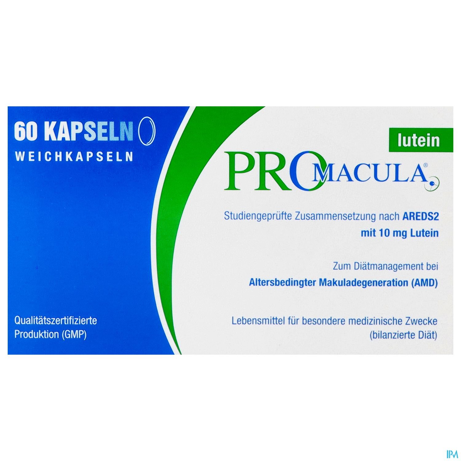 Verpackung von PROmacula, einem Nahrungsergänzungsmittel mit 10 mg Lutein zur Unterstützung bei altersbedingter Makuladegeneration (AMD), 60 Weichkapseln.