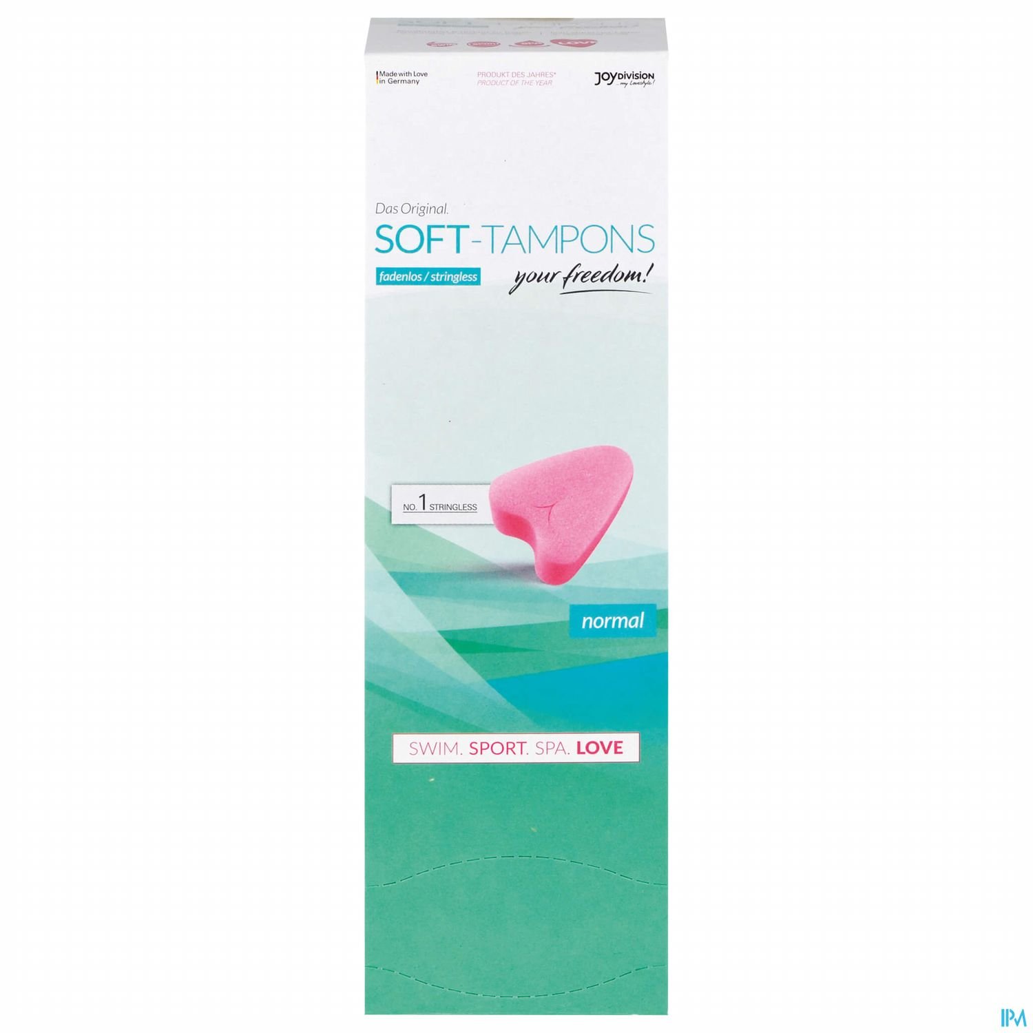 Verpackung von Soft-Tampons in einer pinken Box mit dem Text "your freedom!" und Hinweisen zu Verwendung bei Sport und Schwimmen.