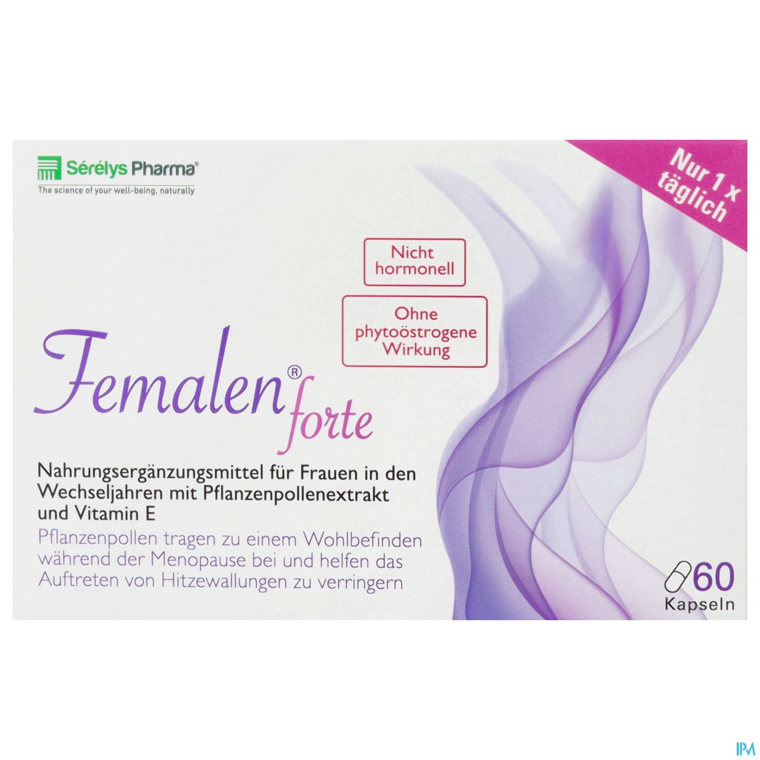 Verpackung von Femalen forte, einem Nahrungsergänzungsmittel für Frauen in den Wechseljahren, mit Angaben zu Inhaltsstoffen und Anwendung.