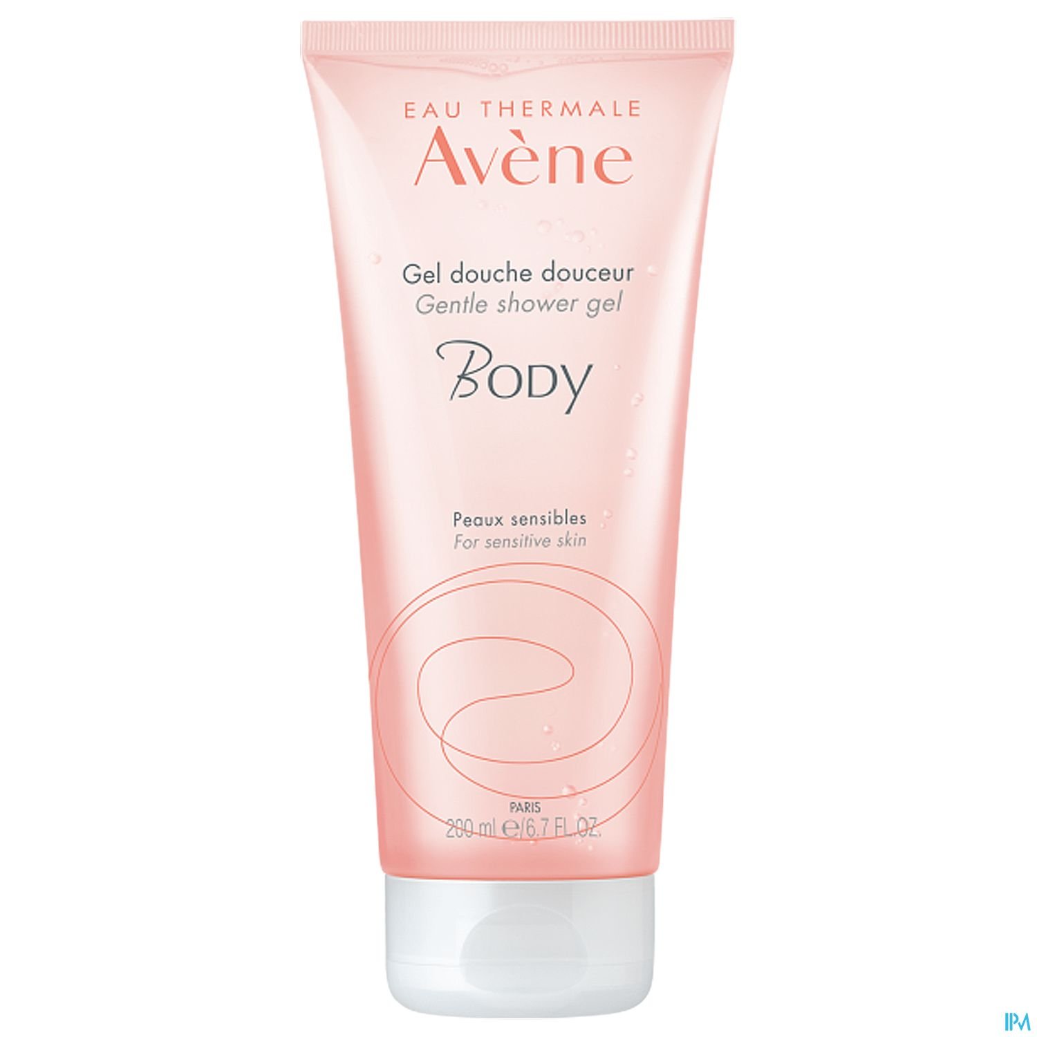 Tube mit sanftem Duschgel für empfindliche Haut von Avène, 290 ml, rosa Verpackung mit weißem Schriftzug.