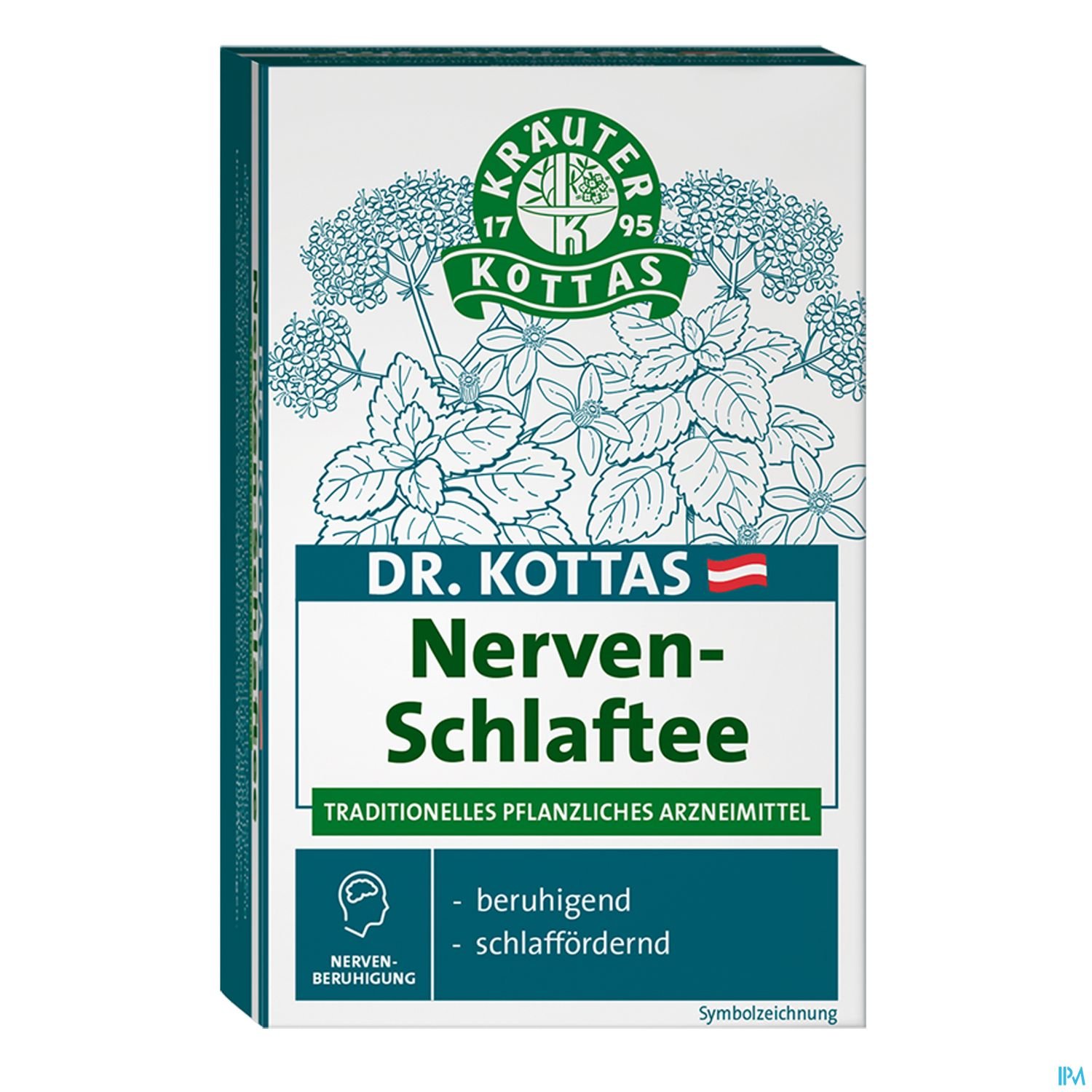 Verpackung von Dr. Kottas Nerven-Schlafeentee mit dem Hinweis auf die beruhigende und schlaffördernde Wirkung.