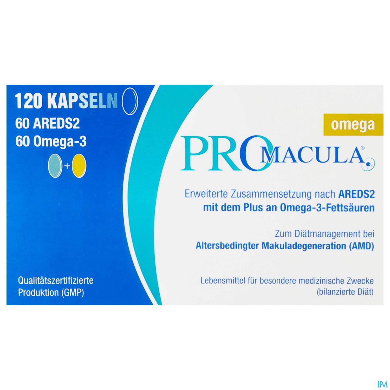 Packungsdesign des Produkts "PROMACULA", 120 Kapseln zur Unterstützung bei altersbedingter Makuladegeneration (AMD).