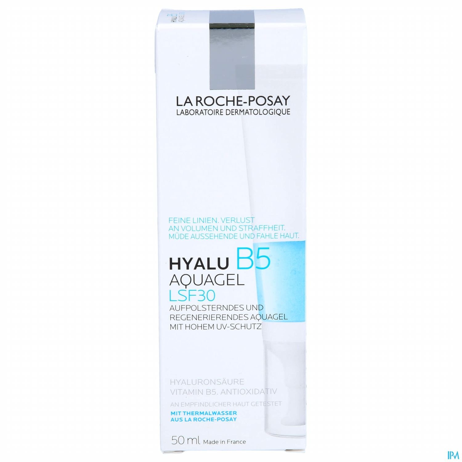 Produktverpackung von La Roche-Posay Hyalu B5 Aquagel mit LSF 30, Beschreibung und Anwendungshinweise auf der Vorderseite.
