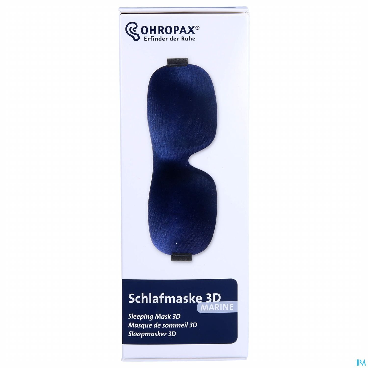 Schlafmaske 3D von Ohropax in marinem Blau, verpackt in einem weißen Karton mit Produktinformationen in Deutsch, Englisch und Französisch.