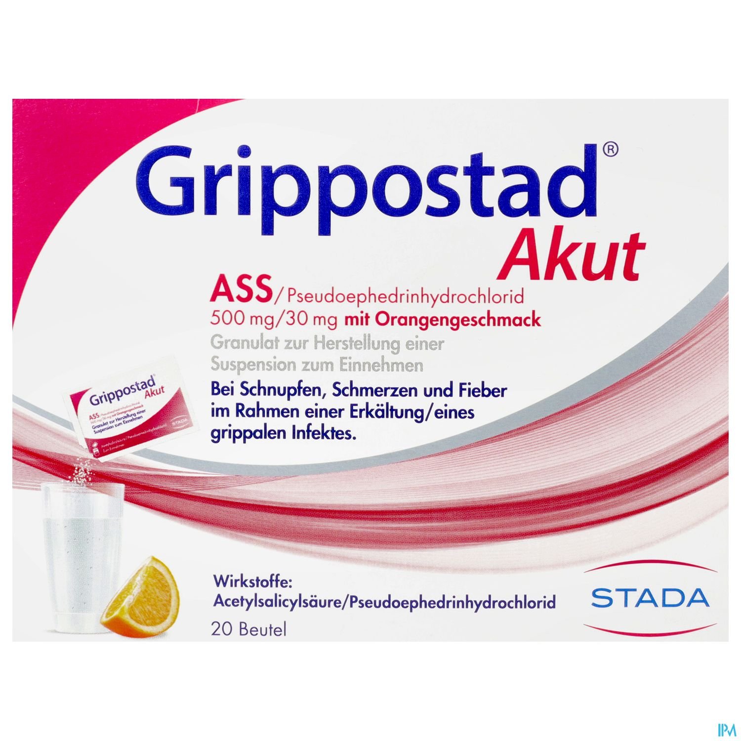Packungsdesign von Grippostad® Akut, einem Arzneimittel gegen Erkältungsbeschwerden, mit Angaben zu Wirkstoffen und Anwendungshinweisen.