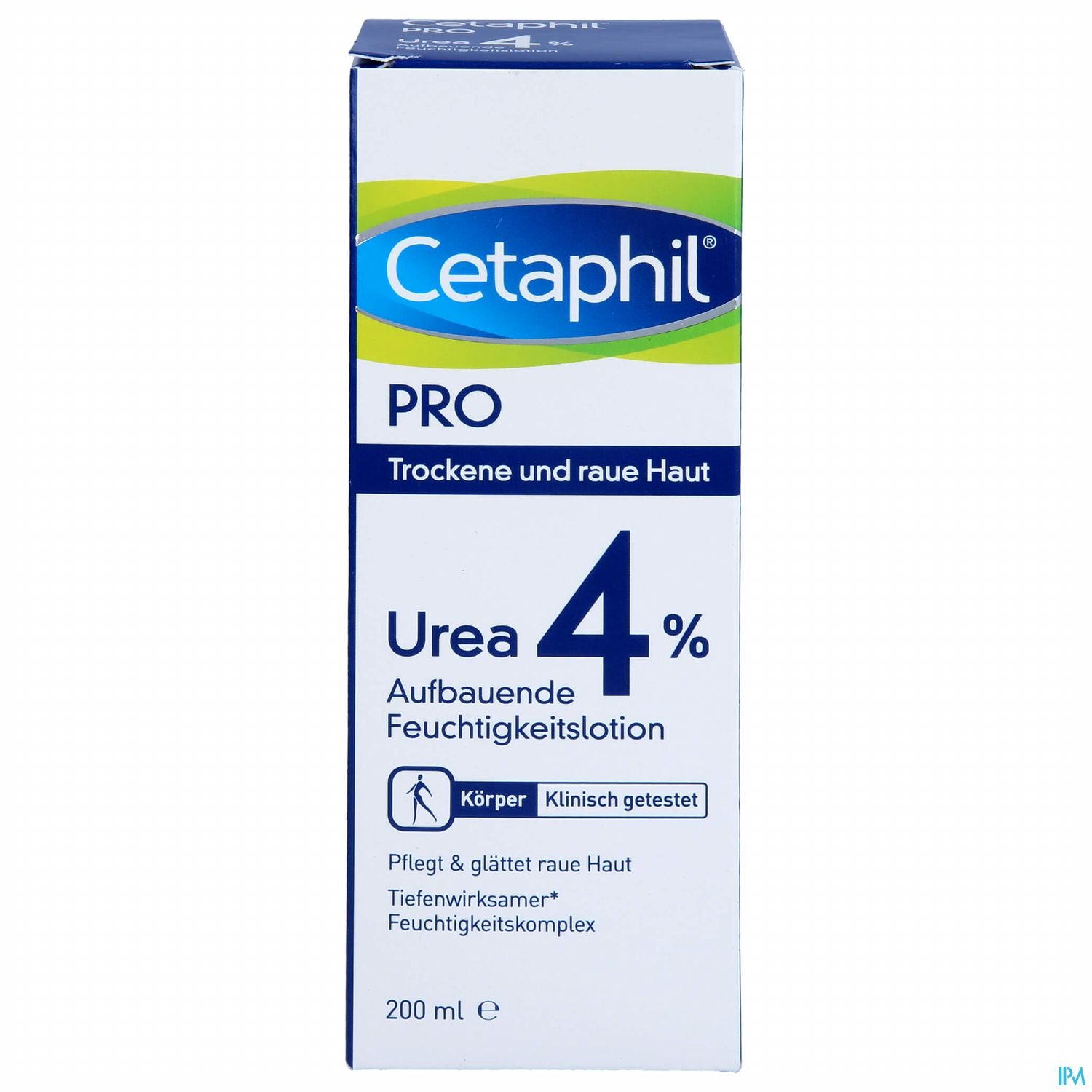 Kartonschachtel von Cetaphil PRO mit der Aufschrift "Urea 4% Aufbauende Feuchtigkeitss lotion für trockene und raue Haut", Inhalt 200 ml.