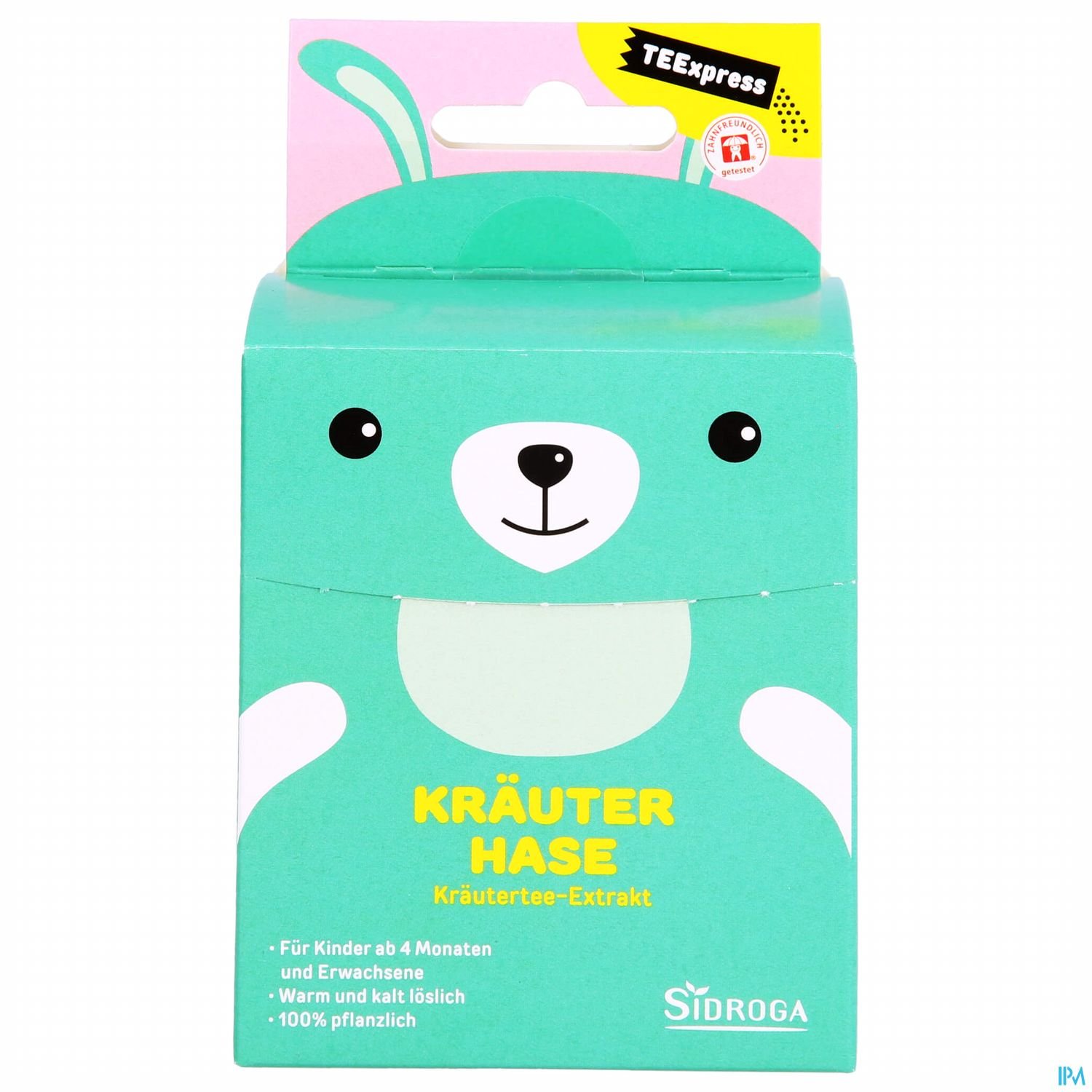 Verpackung eines Kräutertee-Extrakts namens "Kräuter Hase" von Sidroga, gestaltet wie ein bunter Hase, mit Hinweisen zur Verwendung für Kinder ab 4 Monaten und Erwachsenen.