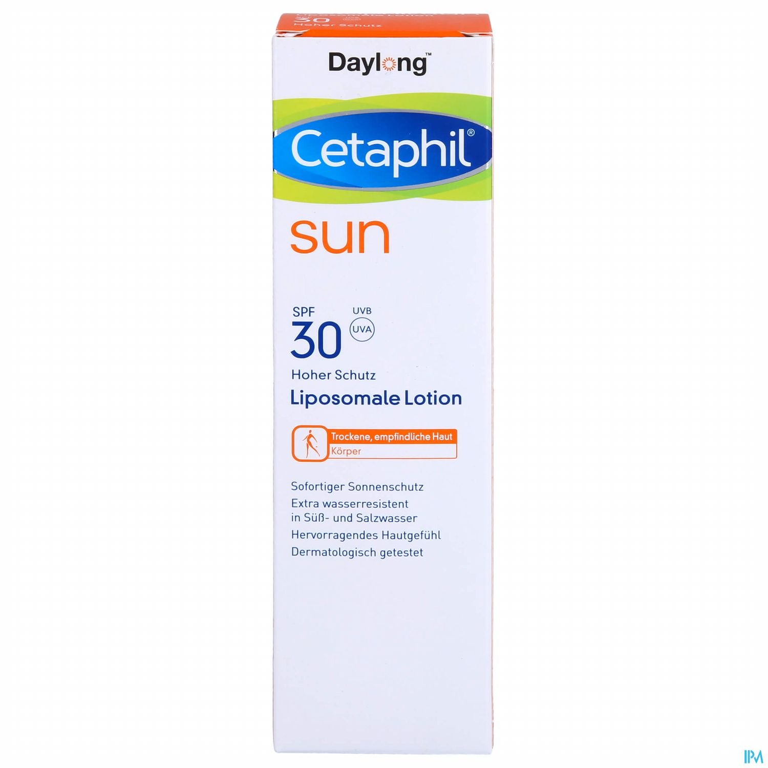 Verpackung einer liposomalen Sonnenlotion der Marke Cetaphil mit Lichtschutzfaktor 30 und Hinweisen auf hohen Schutz für trockene, empfindliche Haut.