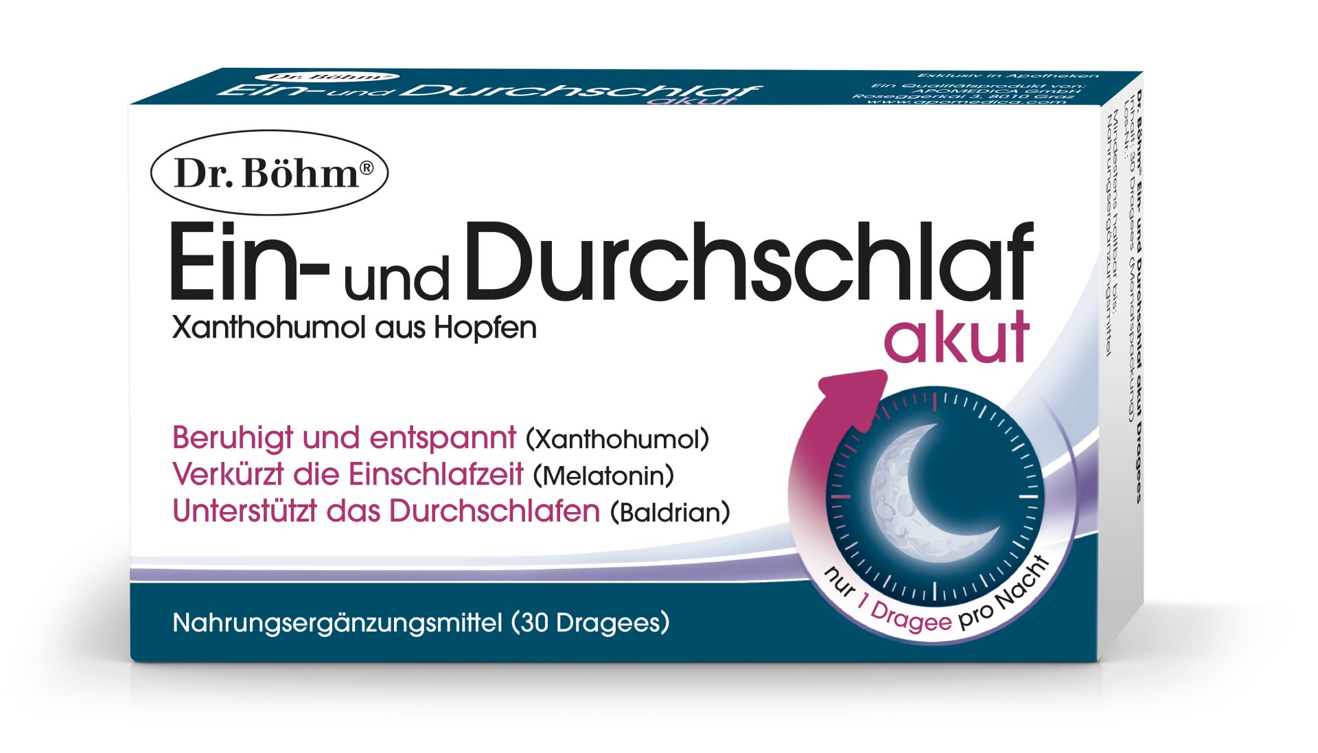 Packung des Nahrungsergänzungsmittels "Ein- und Durchschlaf akut" von Dr. Böhm mit Informationen zu Inhaltsstoffen und Anwendung.