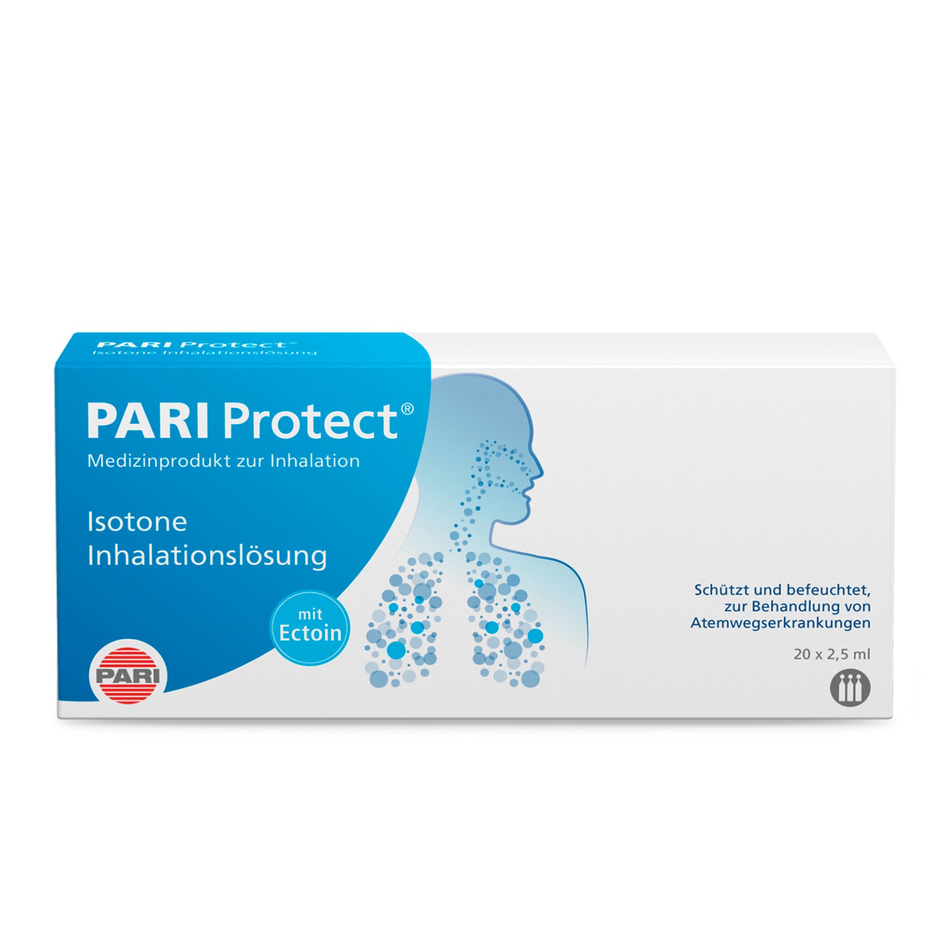 Packung mit PARI Protect® Isotone Inhalationslösung, 20 Ampullen à 2,5 ml, zur Behandlung von Atemwegserkrankungen.