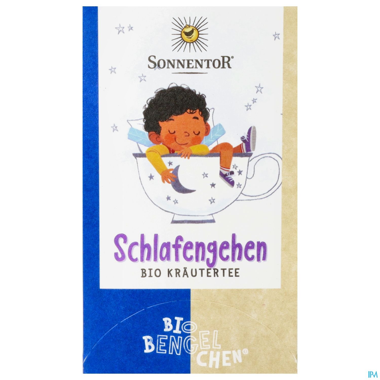 Verpackung des Bio-Kräutertee "Schlafen gehen" von Sonnentor mit einem schlafenden Kind in einer Teetasse.
