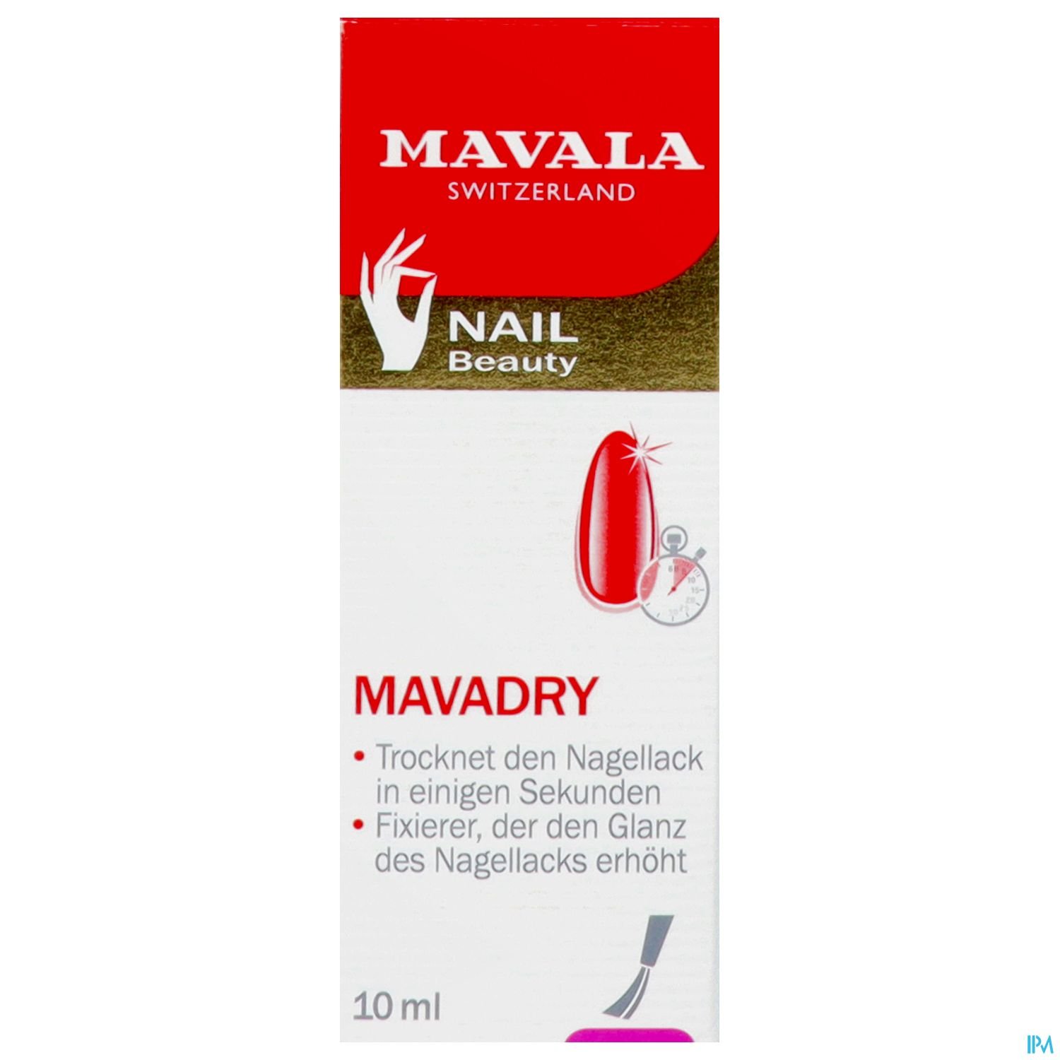 Weißer Karton mit rotem Logo "MAVALA", Produktname "MAVADRY" und Beschreibungen zur Anwendung zur schnellen Trocknung und Glanzsteigerung von Nagellack.