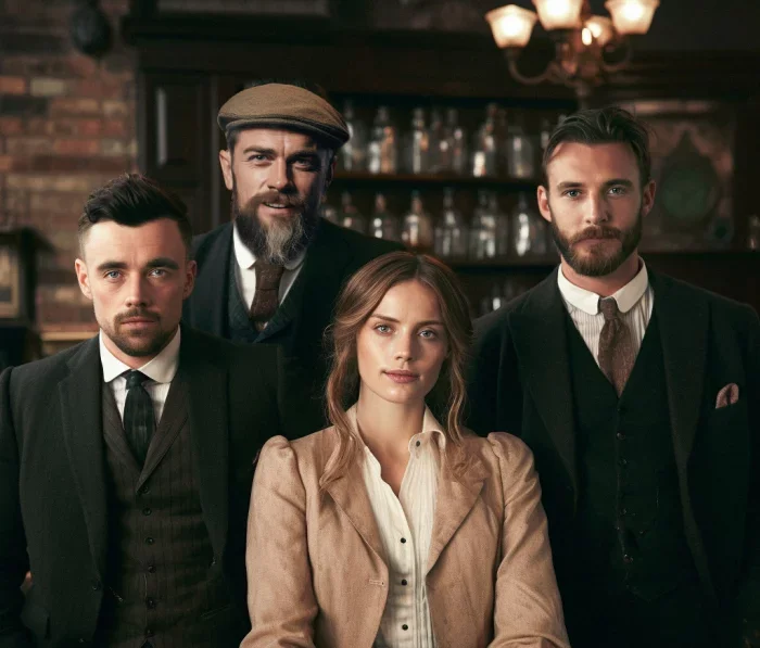 Vier Personen stehen in einem historischen Pub. Der Mann links trägt einen dunklen Anzug und hat einen modernen Haarschnitt. Der Mann in der Mitte hat einen Bart und trägt eine Mütze, während die Frau in der Mitte eine helle Bluse und eine Jacke trägt. Der Mann rechts hat einen Vollbart und trägt ebenfalls einen dunklen Anzug. Im Hintergrund sind Regale mit Gläsern und Flaschen sichtbar.