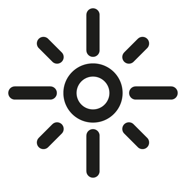 Symbol einer Sonne mit Strahlen, das Helligkeit und Wärme darstellt, geeignet für Themen wie Wetter, Sommer und Energie.
