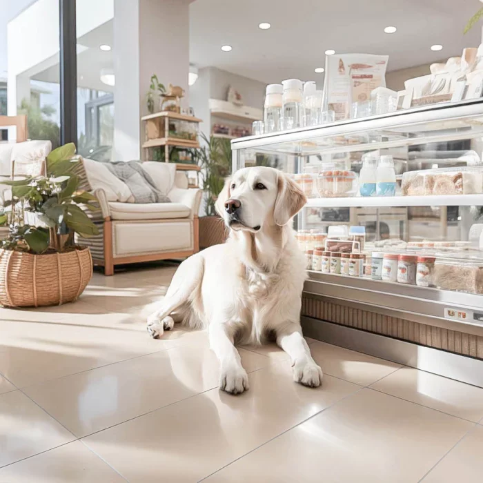 Ein Labrador Retriever liegt entspannt auf dem Boden eines modernen Geschäfts, in dem verschiedene Produkte in einem Kühlschrank ausgestellt sind. Im Hintergrund sind gemütliche Möbel und Pflanzen sichtbar, die eine einladende Atmosphäre schaffen.